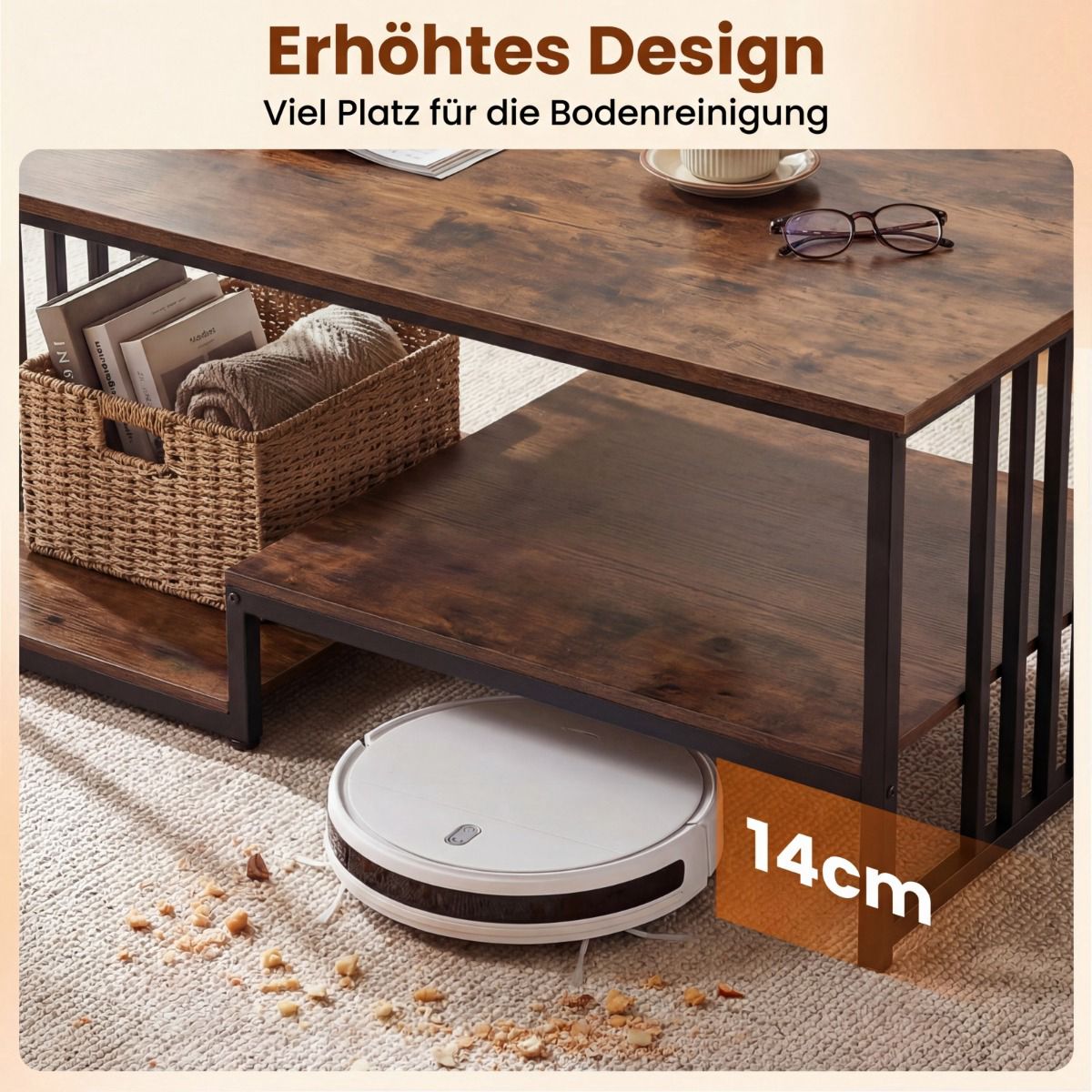 Rectangular Coffee Table with 2 Shelves, Metal Frame