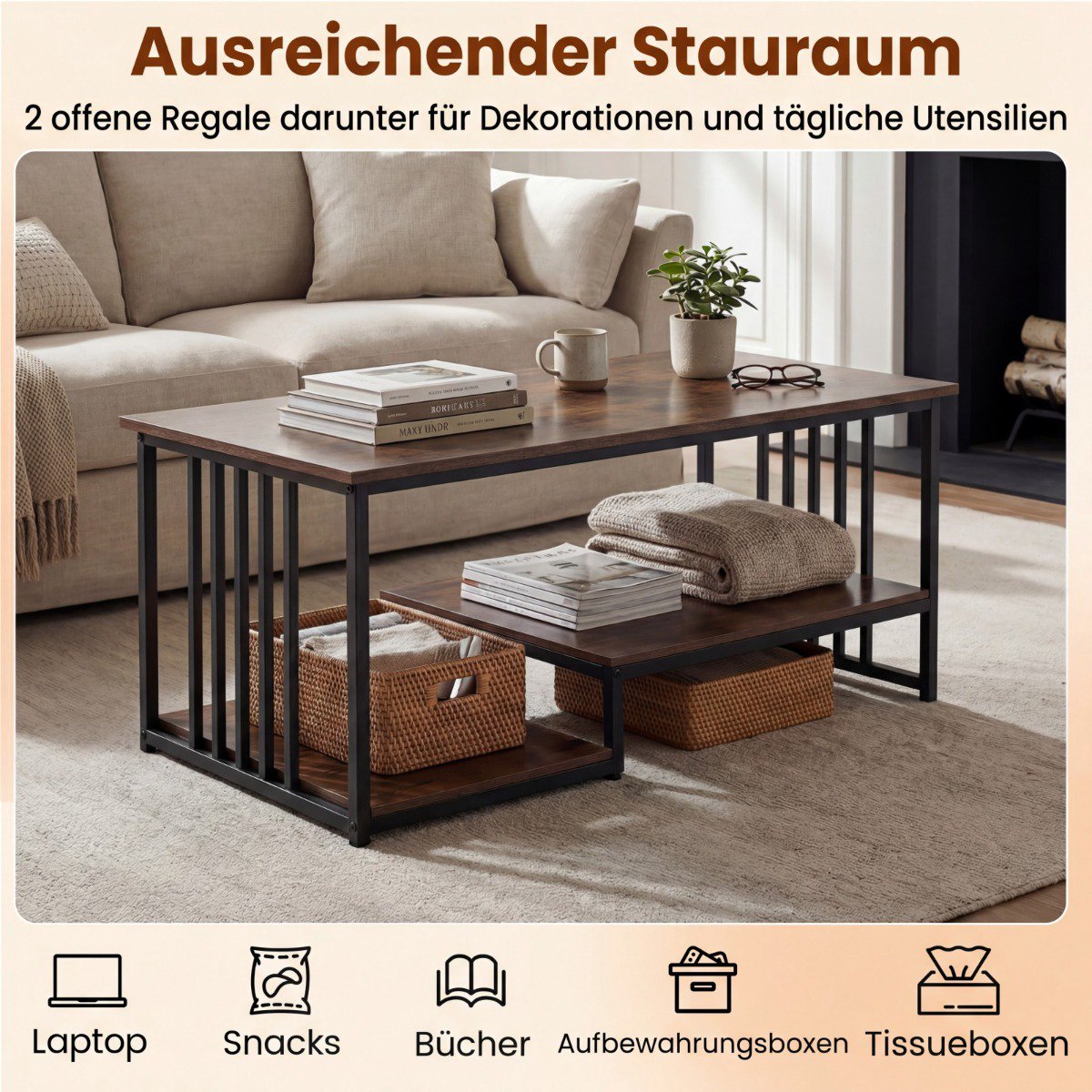 Rectangular Coffee Table with 2 Shelves, Metal Frame