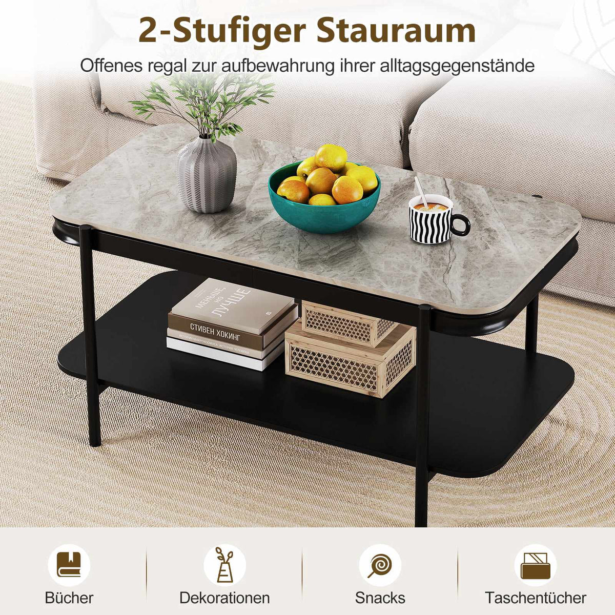 Rectangular Coffee Table with Storage, Grey Sintered Stone