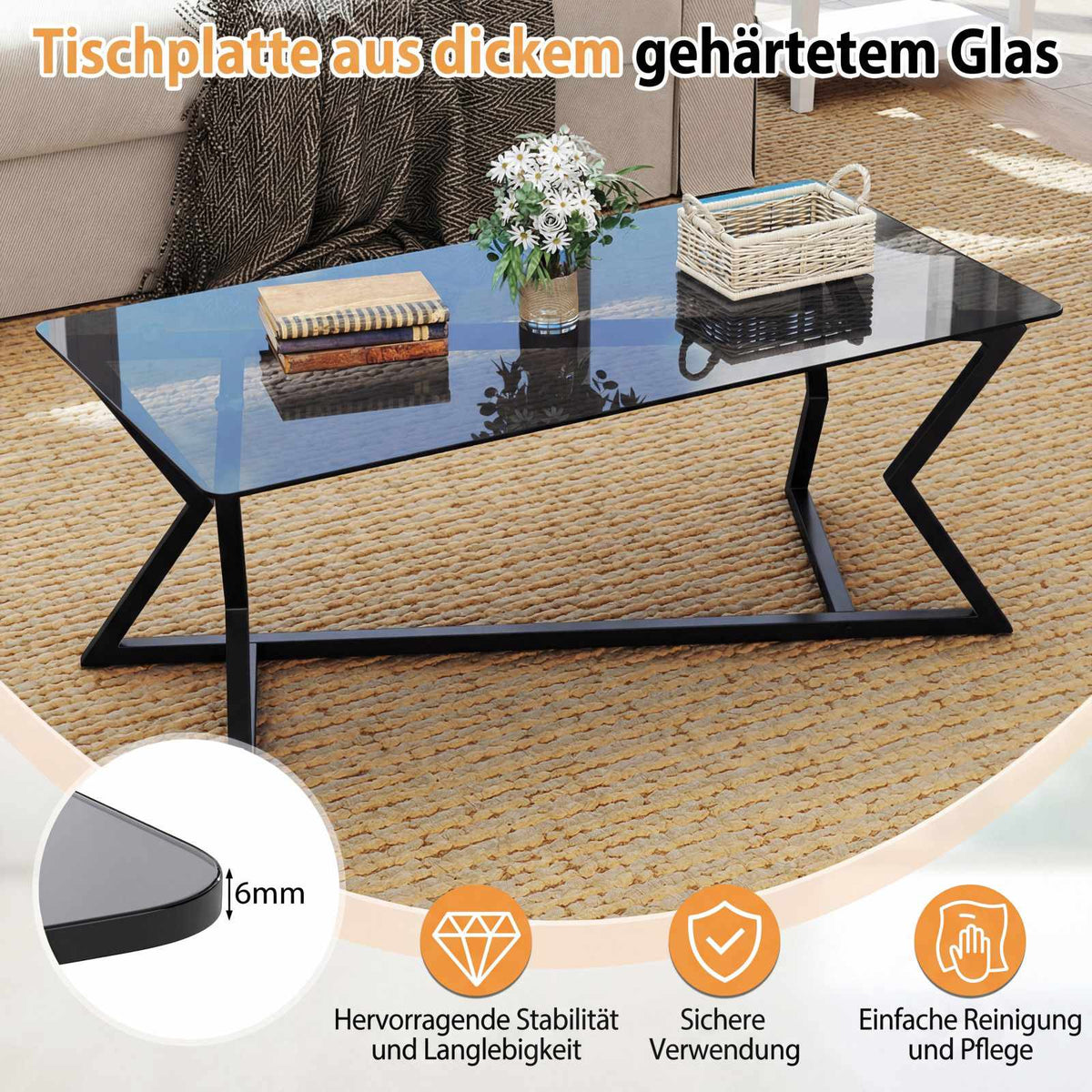 Rectangular Coffee Table with Tempered Glass Top & Metal Frame