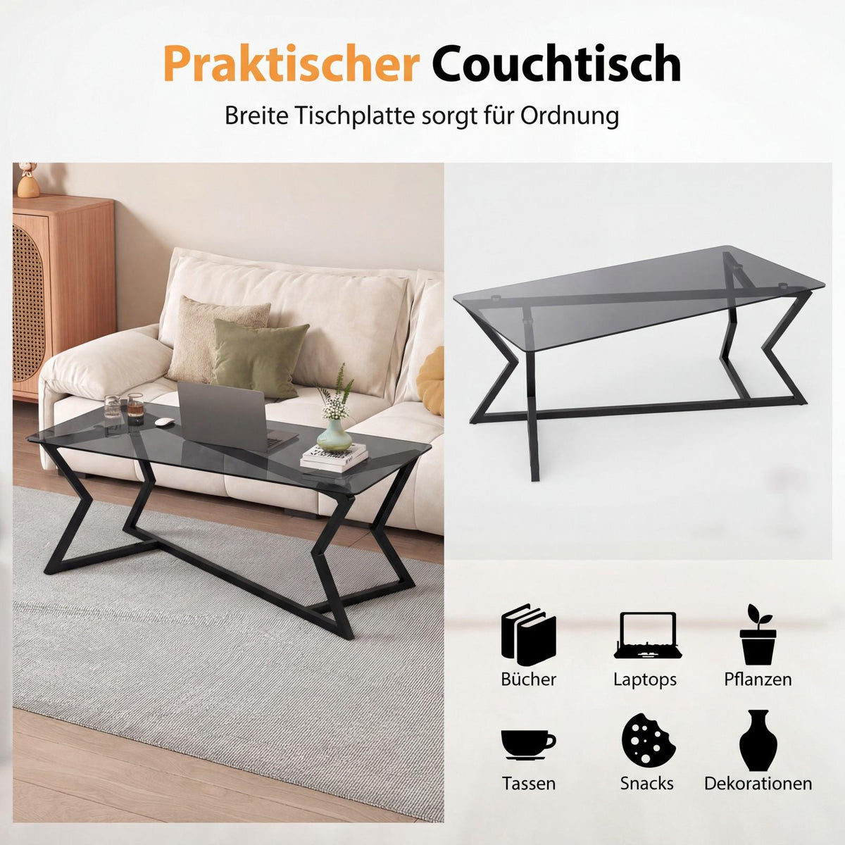 Rectangular Coffee Table with Tempered Glass Top & Metal Frame