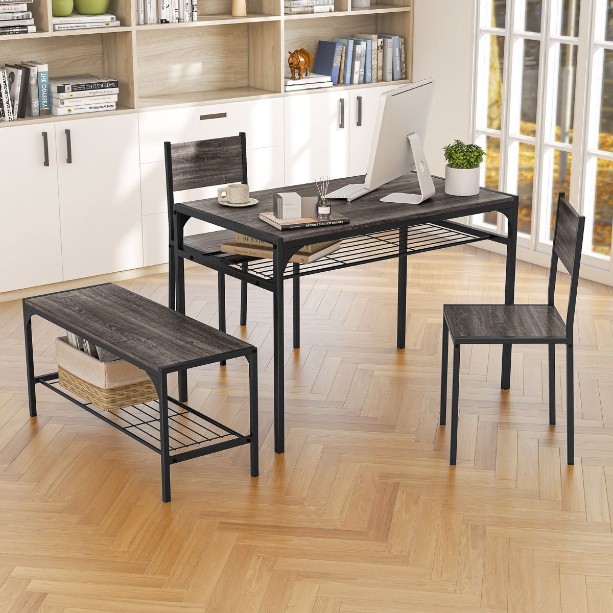 Rectangular Dining Table Set With Bench, 2 Chairs, Storage Shelf