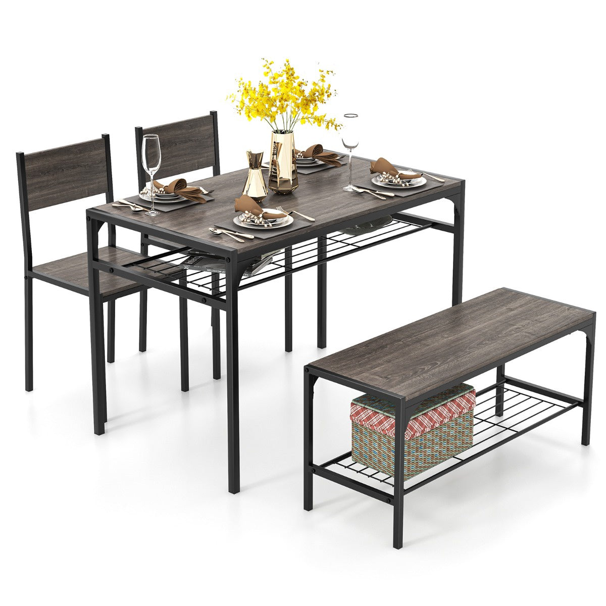Rectangular Dining Table Set With Bench, 2 Chairs, Storage Shelf