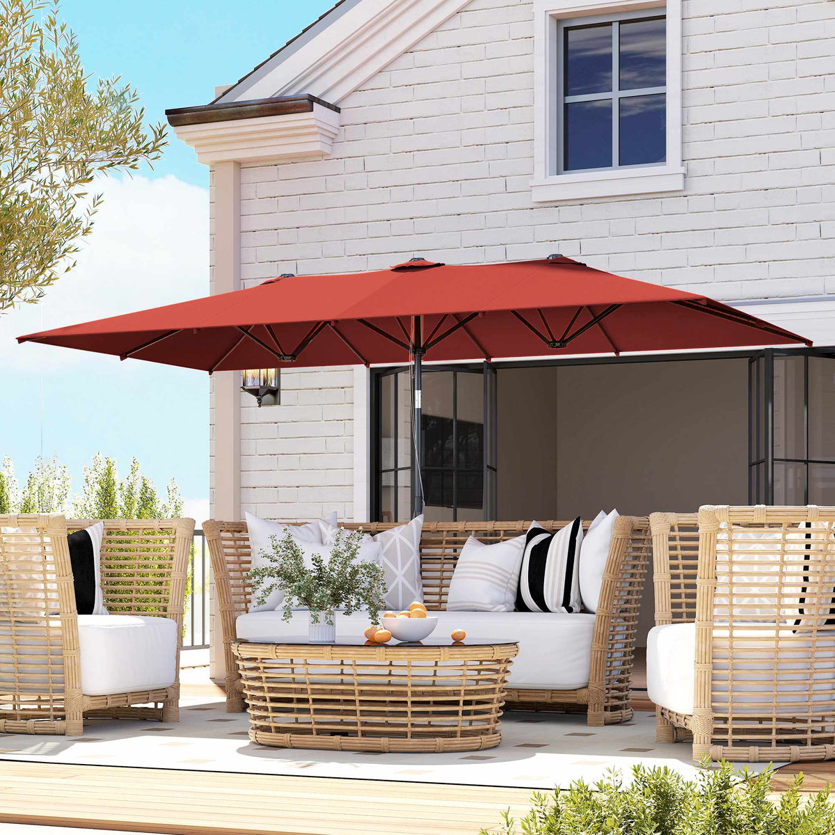Rectangular Double Patio Umbrella, Adjustable, Wine Red