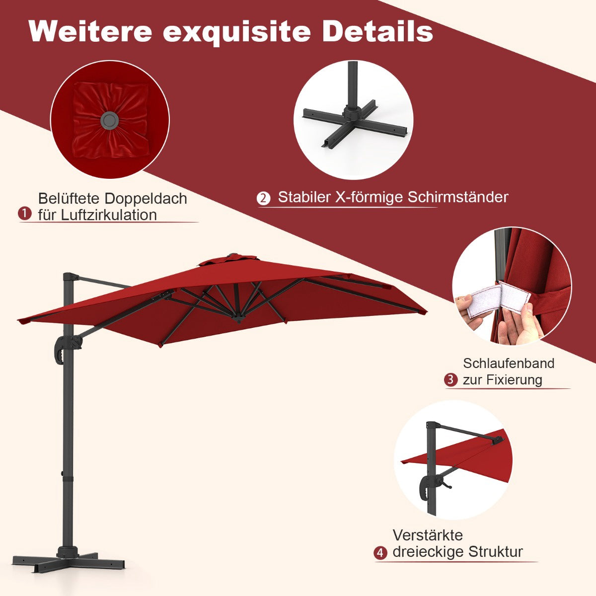 Rectangular Patio Umbrella 250x250 cm with Crank, Red