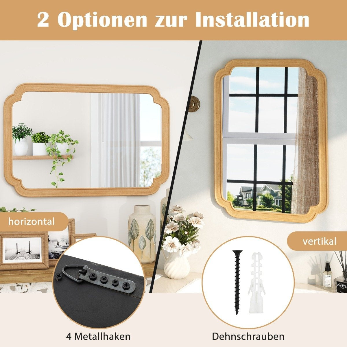 Rectangular Wall Mirror with Wood Frame, 90x60 cm