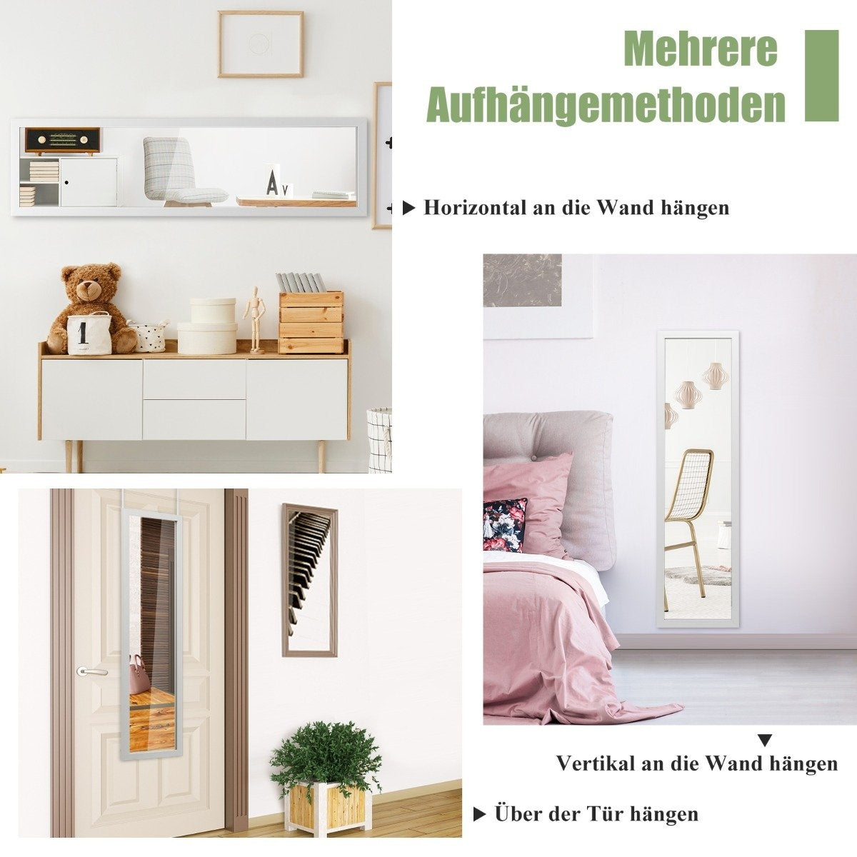 Rectangular full-length mirror with hanging hook for door 33x119cm white