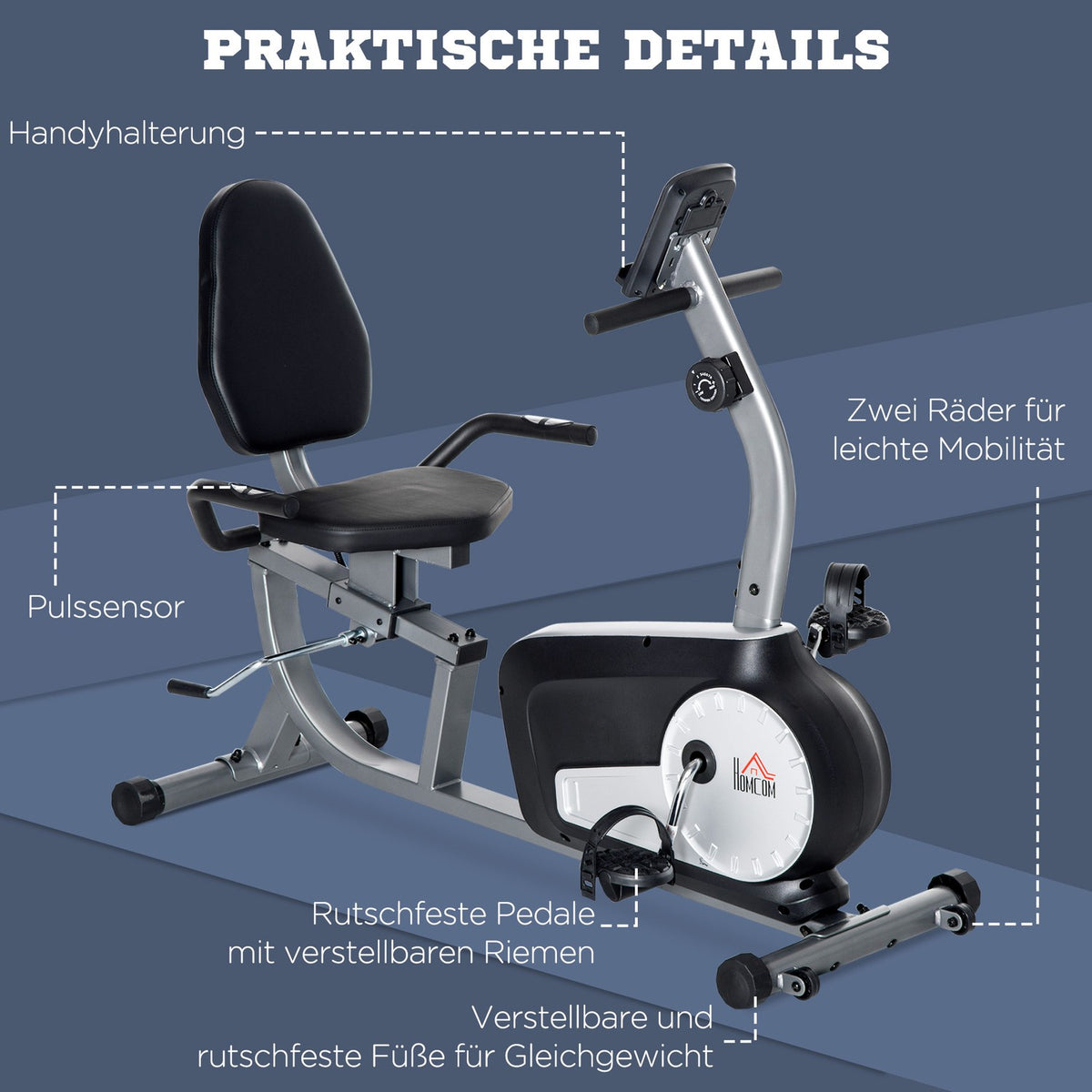 Recumbent Ergometer Exercise Bike Bicycle Trainer With Lcd Display, 8-Level Adjustable Magnetic Resistance, Up To 110 Kg, Steel & Abs