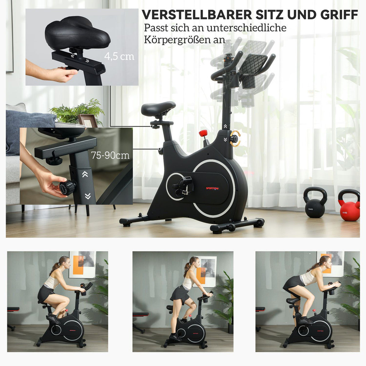Recumbent ergometer for home exercise bike with magnetic resistance, LCD monitor, seated ergometer with adjustable seat and handle, tablet holder, bottle holder, up to 120 kg
