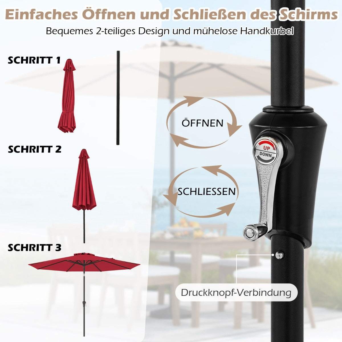 Red Patio Umbrella with Crank, 300 cm, Adjustable Tilt