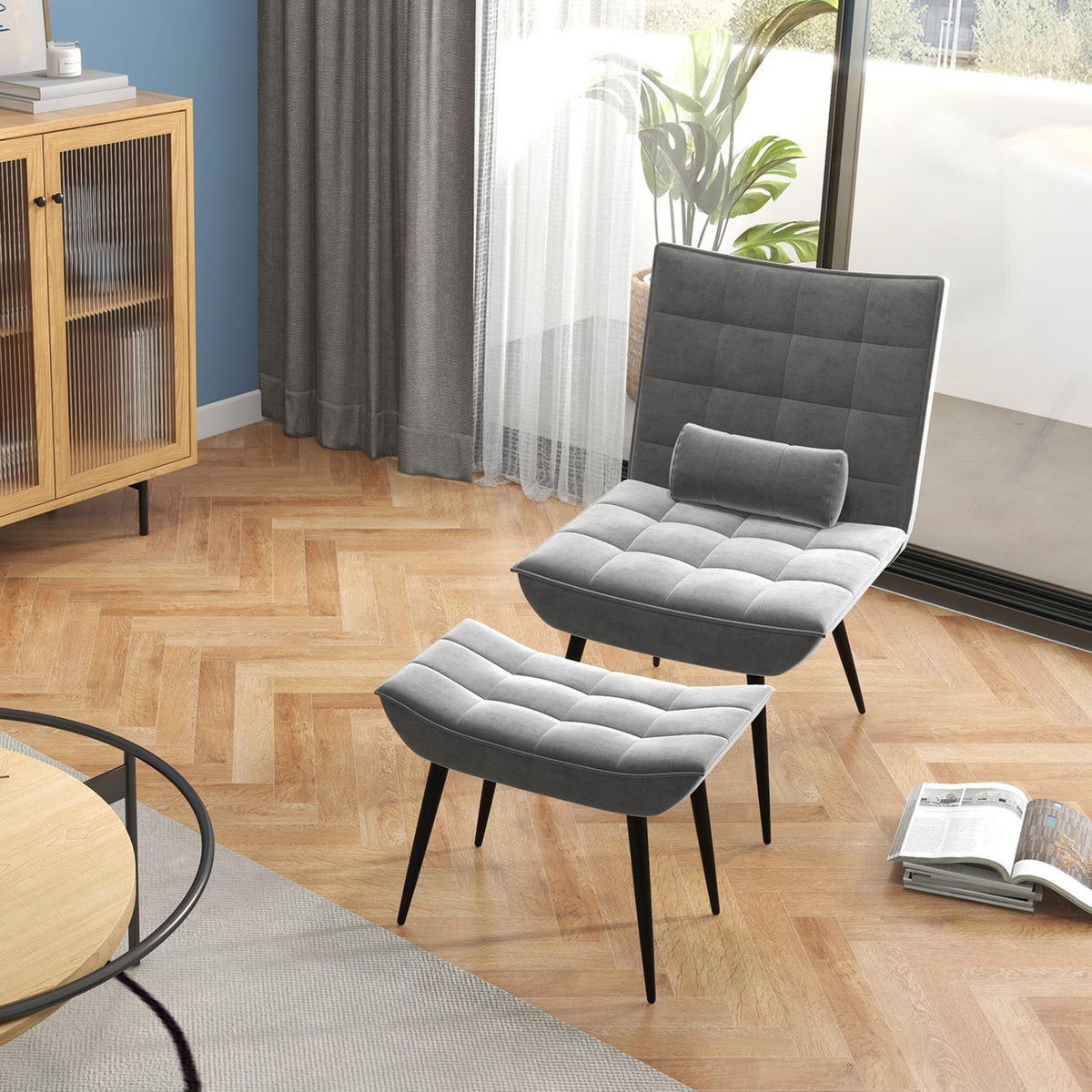 Relax Chair With Stool, Lounge Chair With Footstool, Relax Chair With Velvet Cover, Tv Chair With Cushions, Dining Chair, Gray