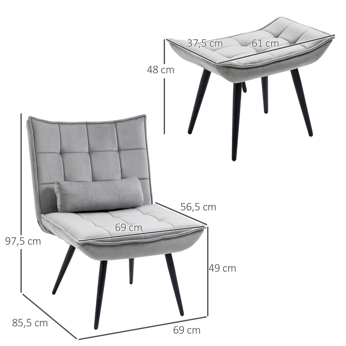 Relax Chair With Stool, Lounge Chair With Footstool, Relax Chair With Velvet Cover, Tv Chair With Cushions, Dining Chair, Gray