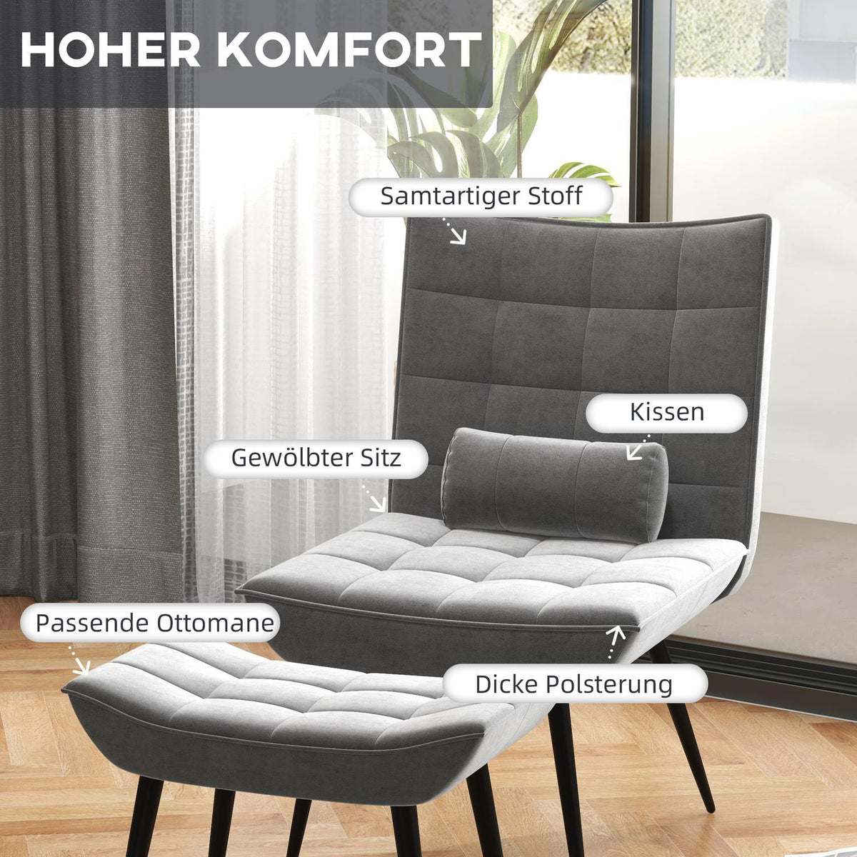 Relax Chair With Stool, Lounge Chair With Footstool, Relax Chair With Velvet Cover, Tv Chair With Cushions, Dining Chair, Gray