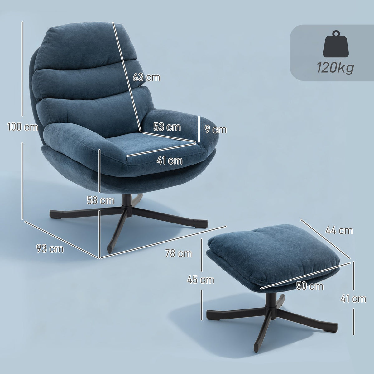Relax Chair with Ottoman, Chenille Fabric, Blue, 360 Swivel