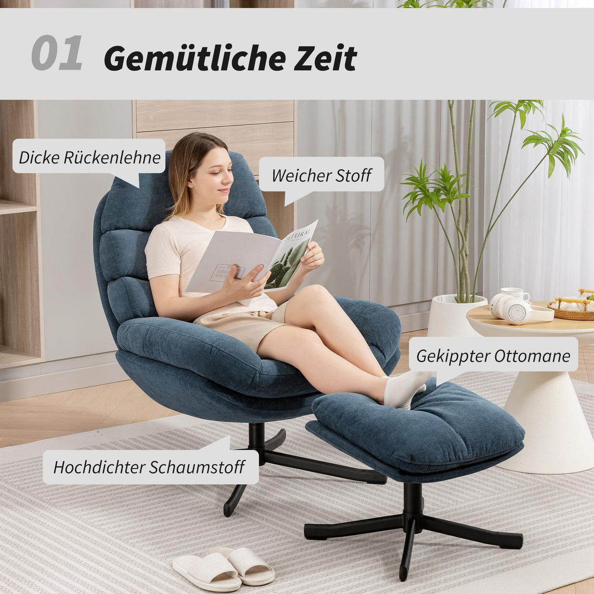 Relax Chair with Ottoman, Chenille Fabric, Blue, 360 Swivel