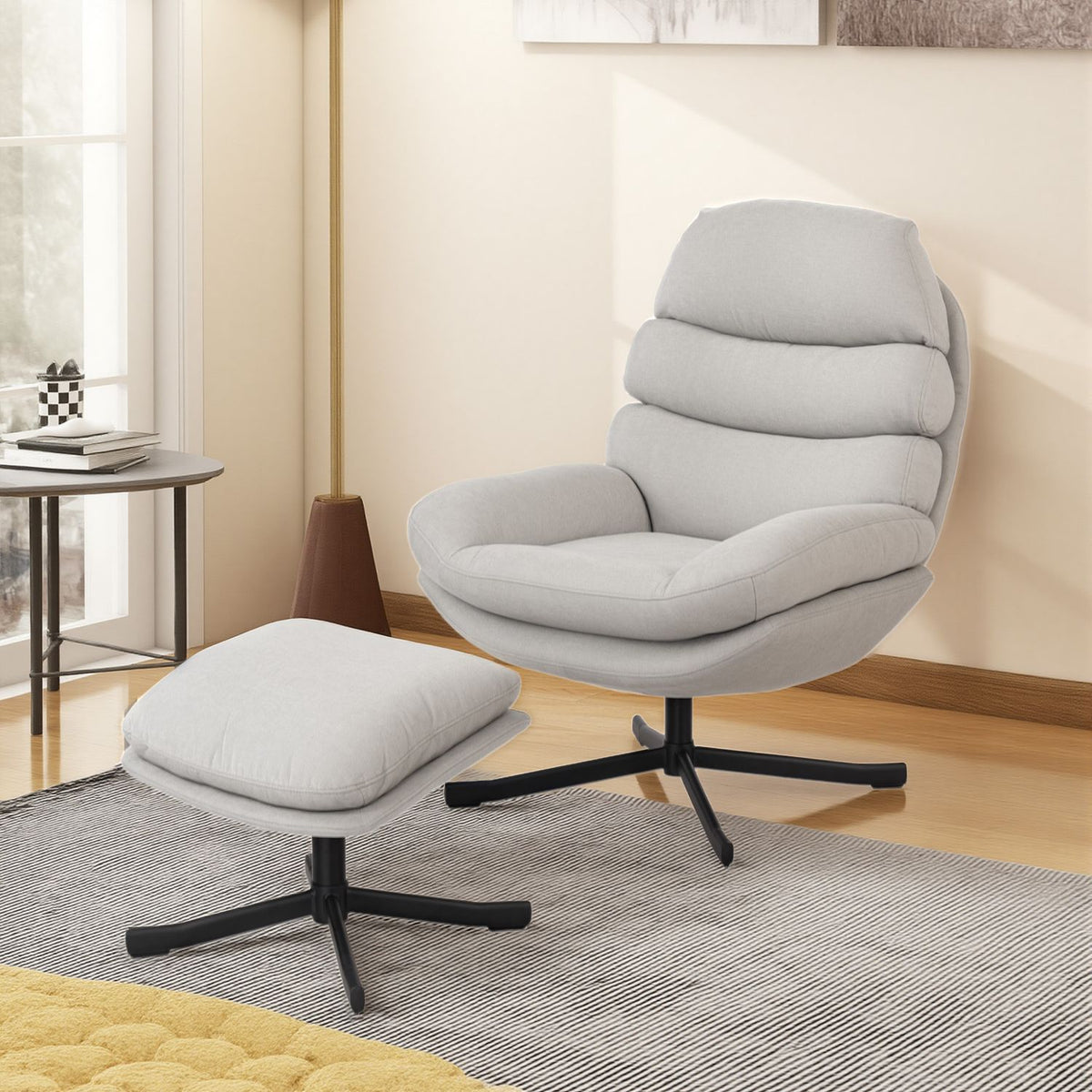 Relax Chair with Ottoman, Chenille Fabric, Cream, 360 Swivel