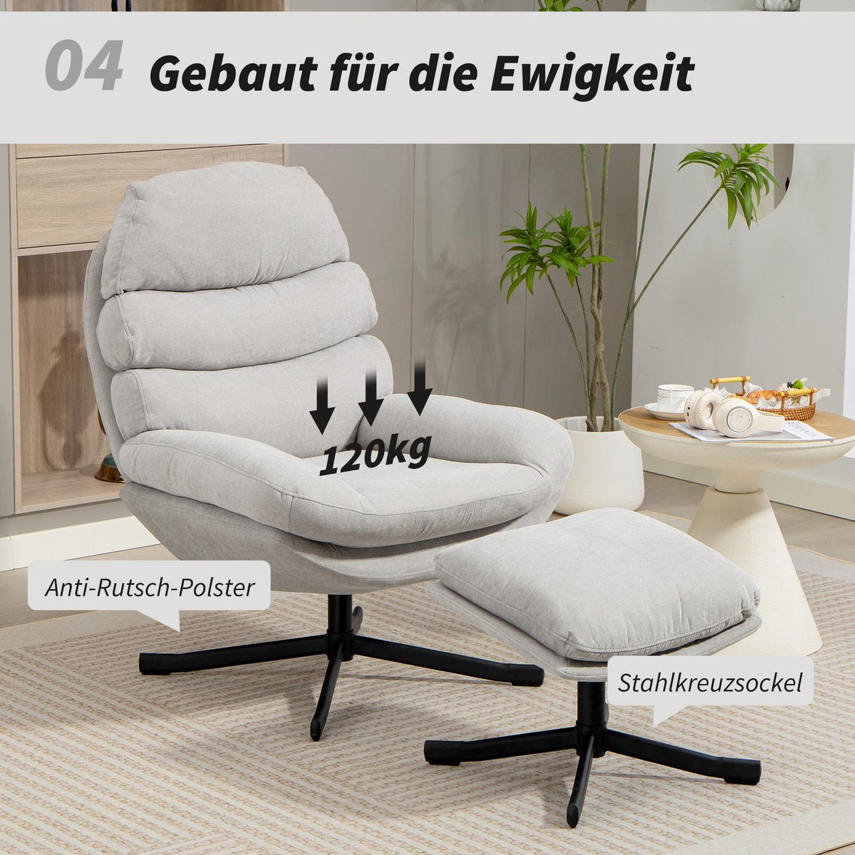 Relax Chair with Ottoman, Chenille Fabric, Cream, 360 Swivel