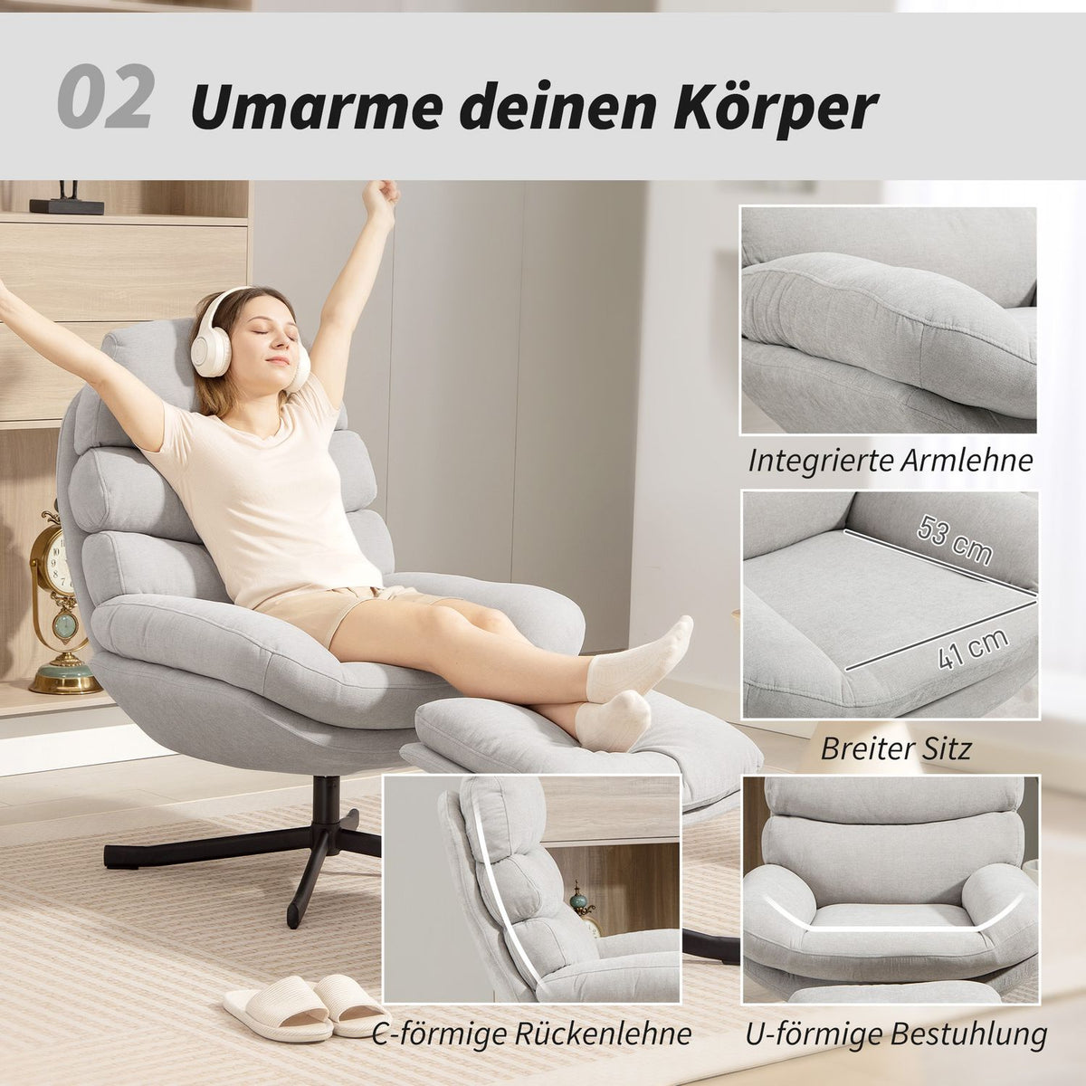 Relax Chair with Ottoman, Chenille Fabric, Cream, 360 Swivel
