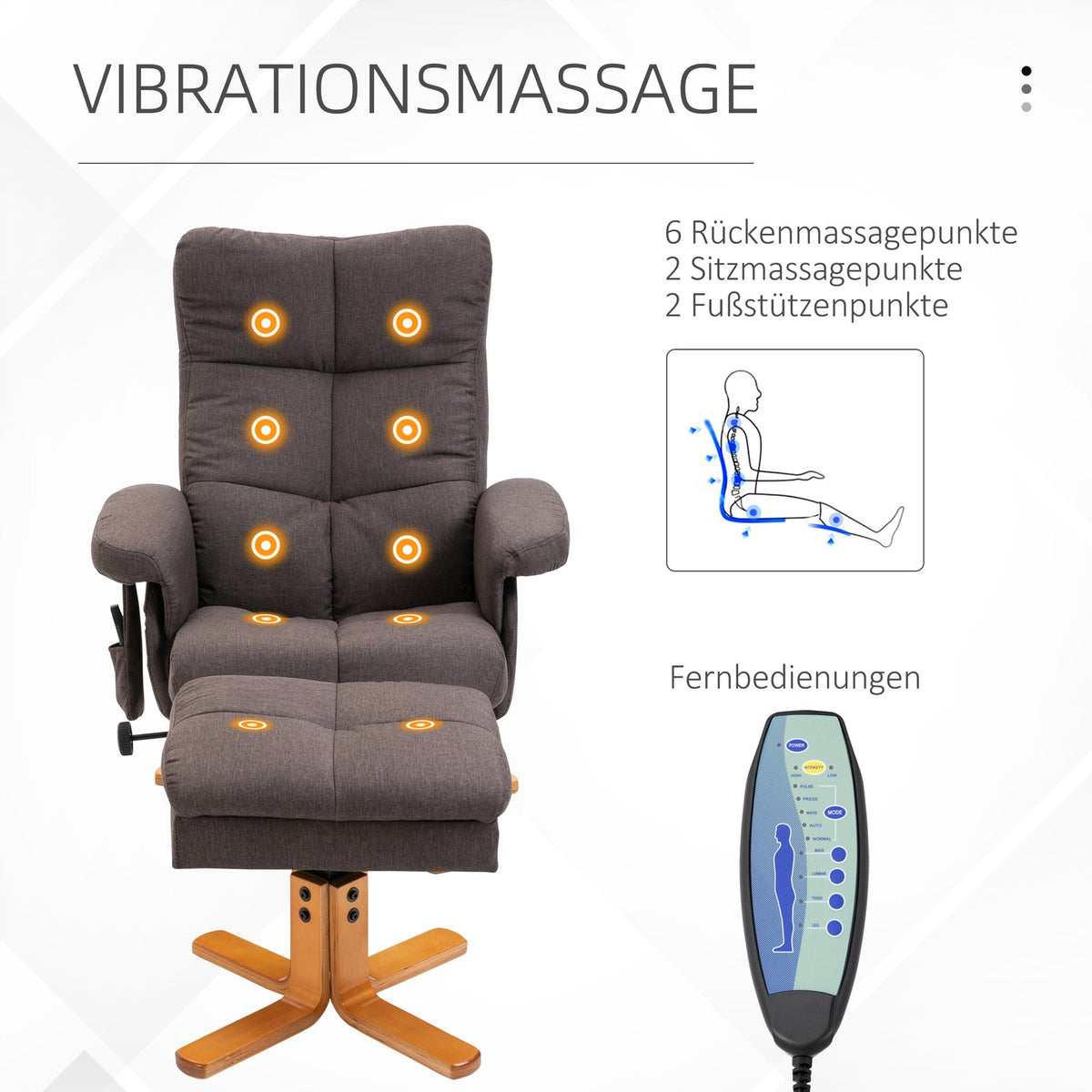 Relaxation Chair, Massage Chair With Footstool And Storage Space, Tv Chair With Massage Function, 145° Tilt, Polyester, Brown