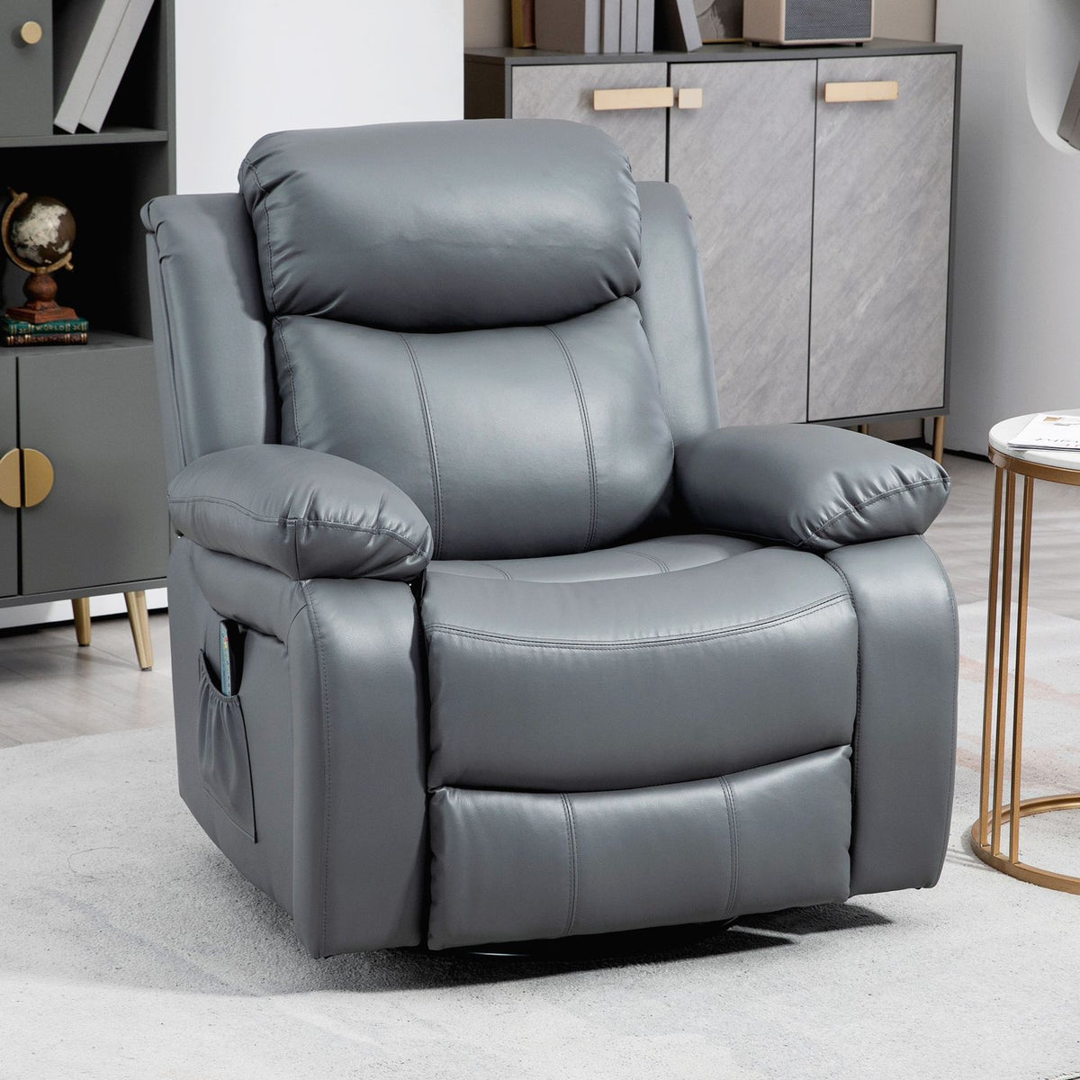 Relaxation Chair, Massage Function, Electric Tv Chair, 8 Vibration Heads, Rocker Function, Rotatable, Remote Control, Side Pocket, Faux Leather, Gray
