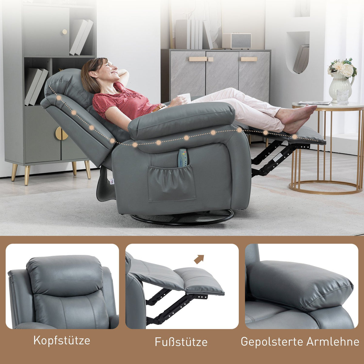 Relaxation Chair, Massage Function, Electric Tv Chair, 8 Vibration Heads, Rocker Function, Rotatable, Remote Control, Side Pocket, Faux Leather, Gray