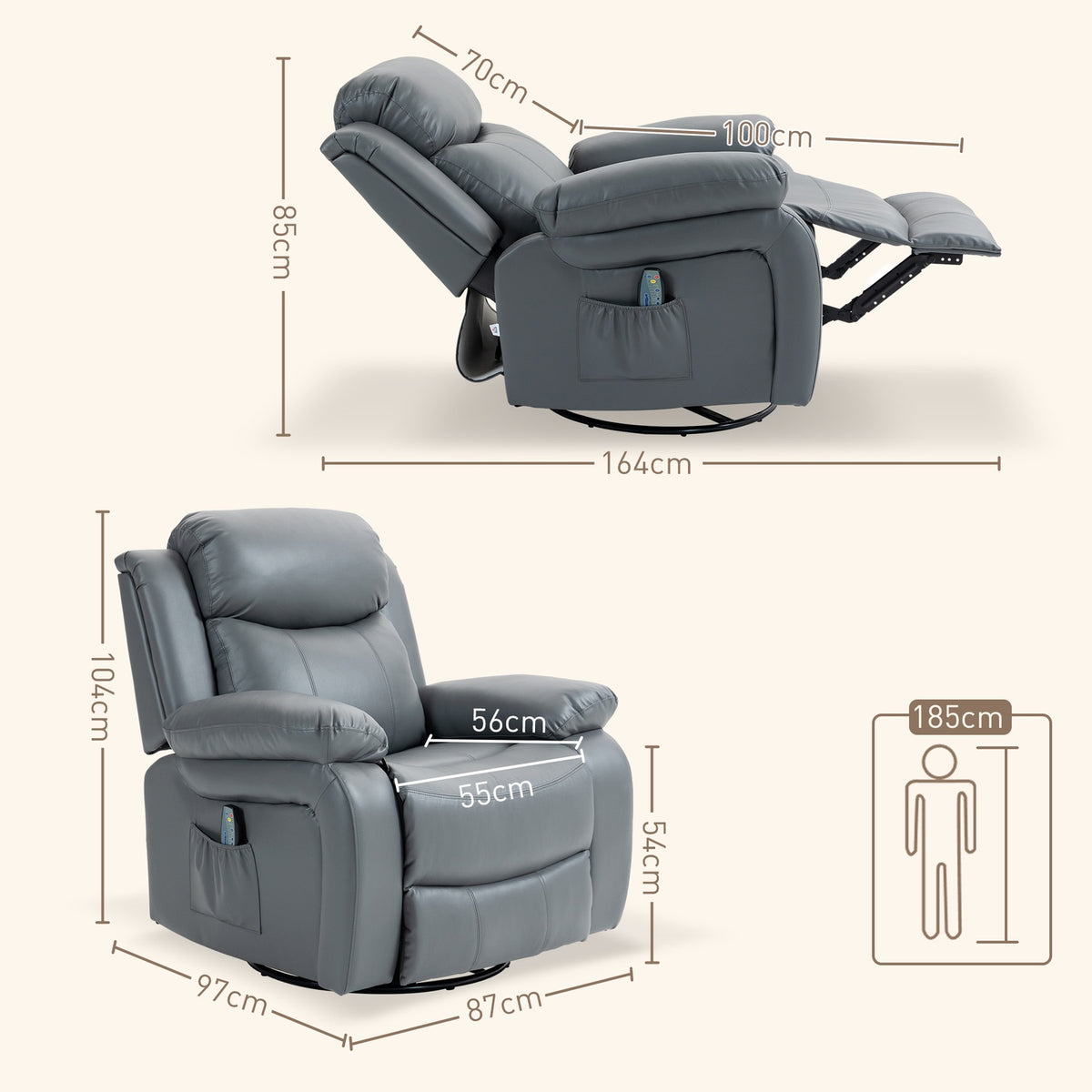 Relaxation Chair, Massage Function, Electric Tv Chair, 8 Vibration Heads, Rocker Function, Rotatable, Remote Control, Side Pocket, Faux Leather, Gray