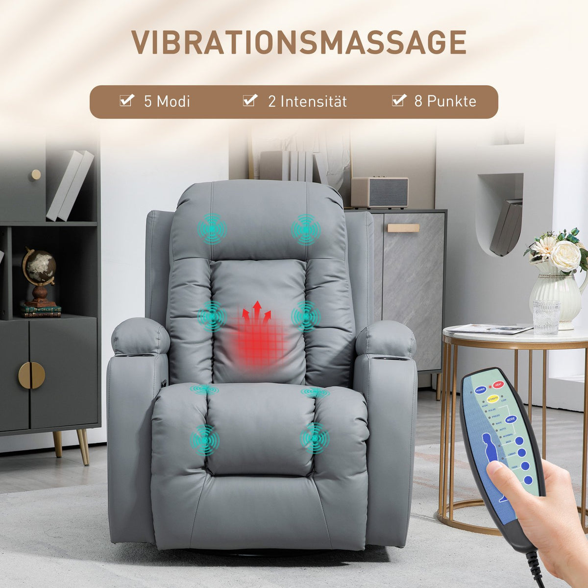 Relaxation Chair Massage Function Electric Tv Chair Reclining Function Rocker Function Rotatable Remote Control Up To 150Kg Artificial Leather Light Gray
