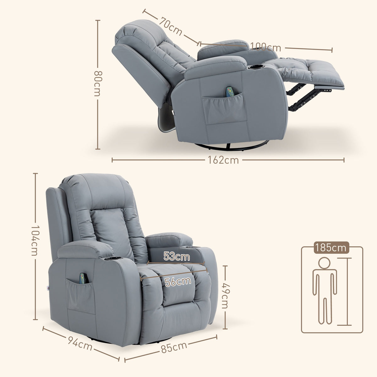 Relaxation Chair Massage Function Electric Tv Chair Reclining Function Rocker Function Rotatable Remote Control Up To 150Kg Artificial Leather Light Gray