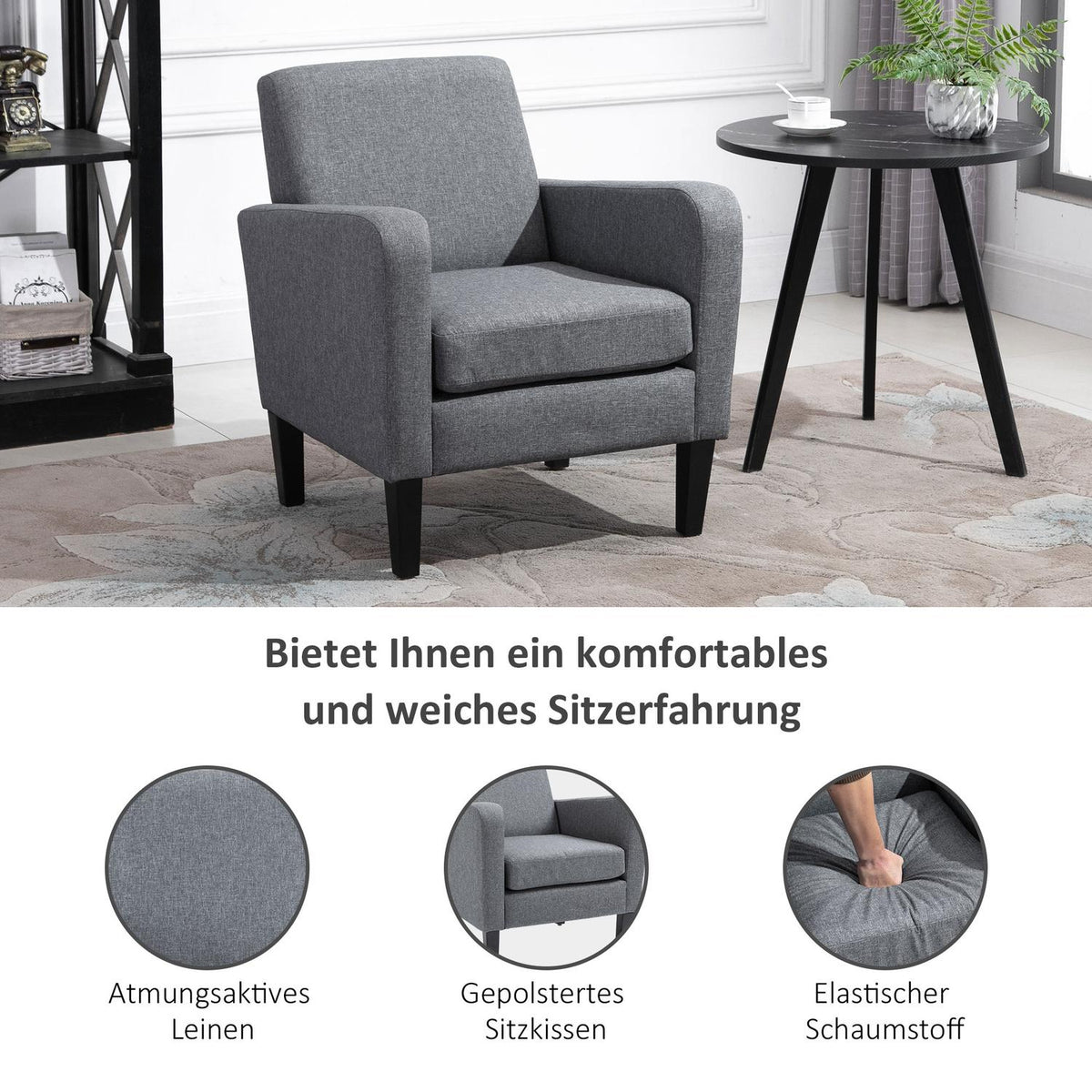Relaxation Chair Single Chair With Upholstery, Wooden Feet, Linen Fabric, Light Gray, 66X72X74Cm