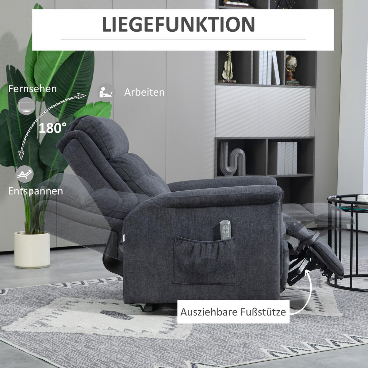 Relaxation Chair, Stand-Up Aid, Electric Tv Chair, Reclining Function, Senior Chair, Remote Control, Side Pocket, Dark Gray