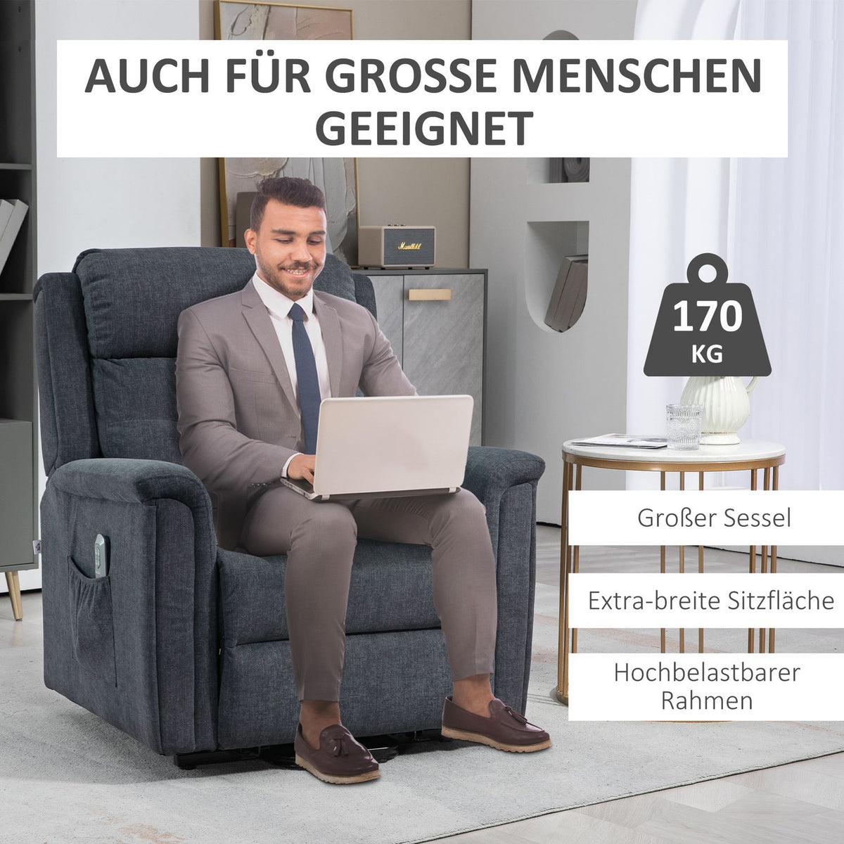 Relaxation Chair, Stand-Up Aid, Electric Tv Chair, Reclining Function, Senior Chair, Remote Control, Side Pocket, Dark Gray