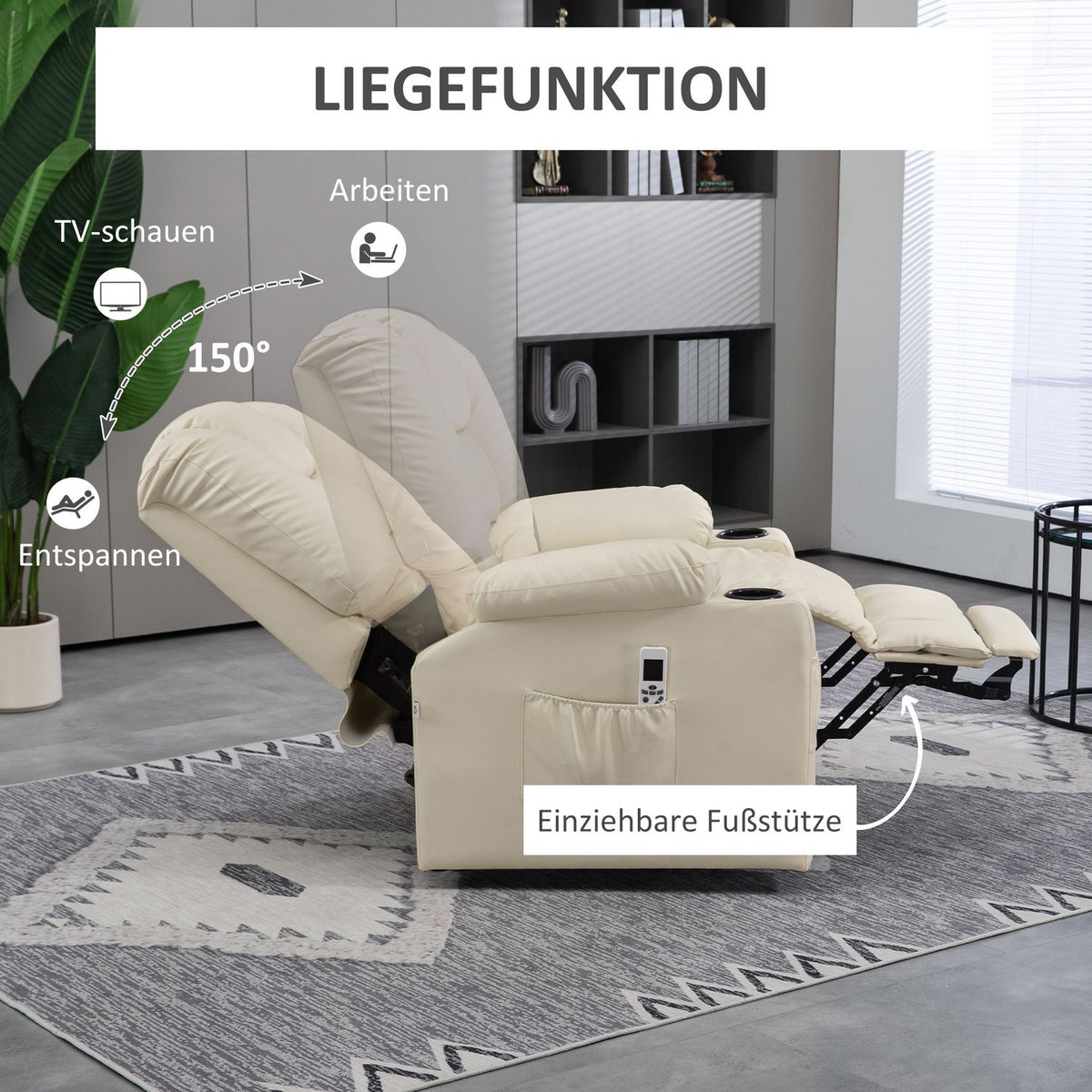 Relaxation Chair Stand Up Electric Tv Chair Usb Massage Chair Remote Control Wheels Cup Holder Cream