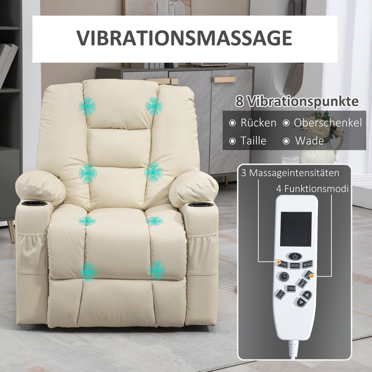 Relaxation Chair Stand Up Electric Tv Chair Usb Massage Chair Remote Control Wheels Cup Holder Cream