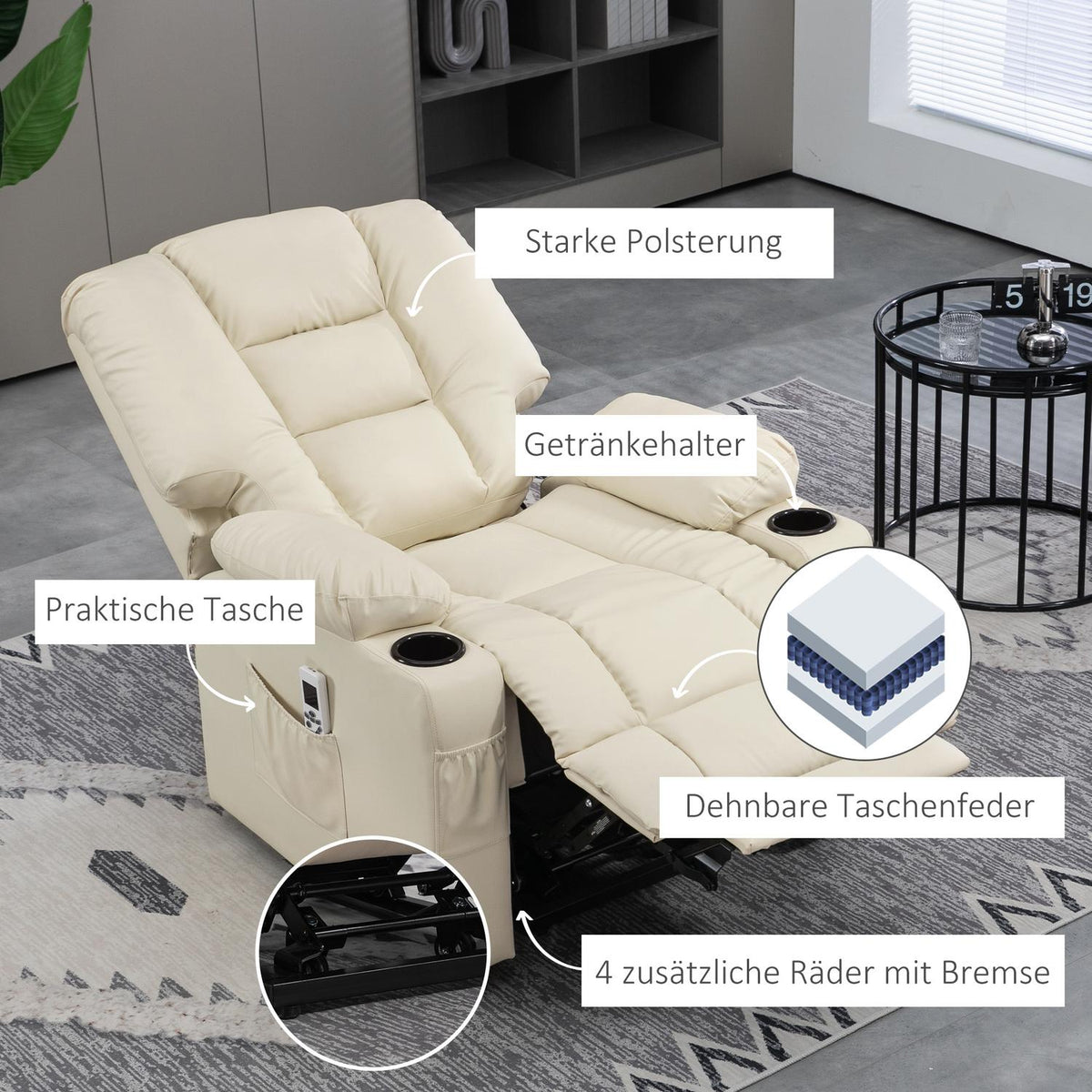 Relaxation Chair Stand Up Electric Tv Chair Usb Massage Chair Remote Control Wheels Cup Holder Cream
