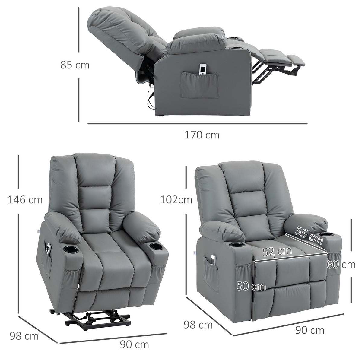 Relaxation Chair Stand Up Electric Tv Chair Usb Massage Chair Remote Control Wheels Cup Holder Gray