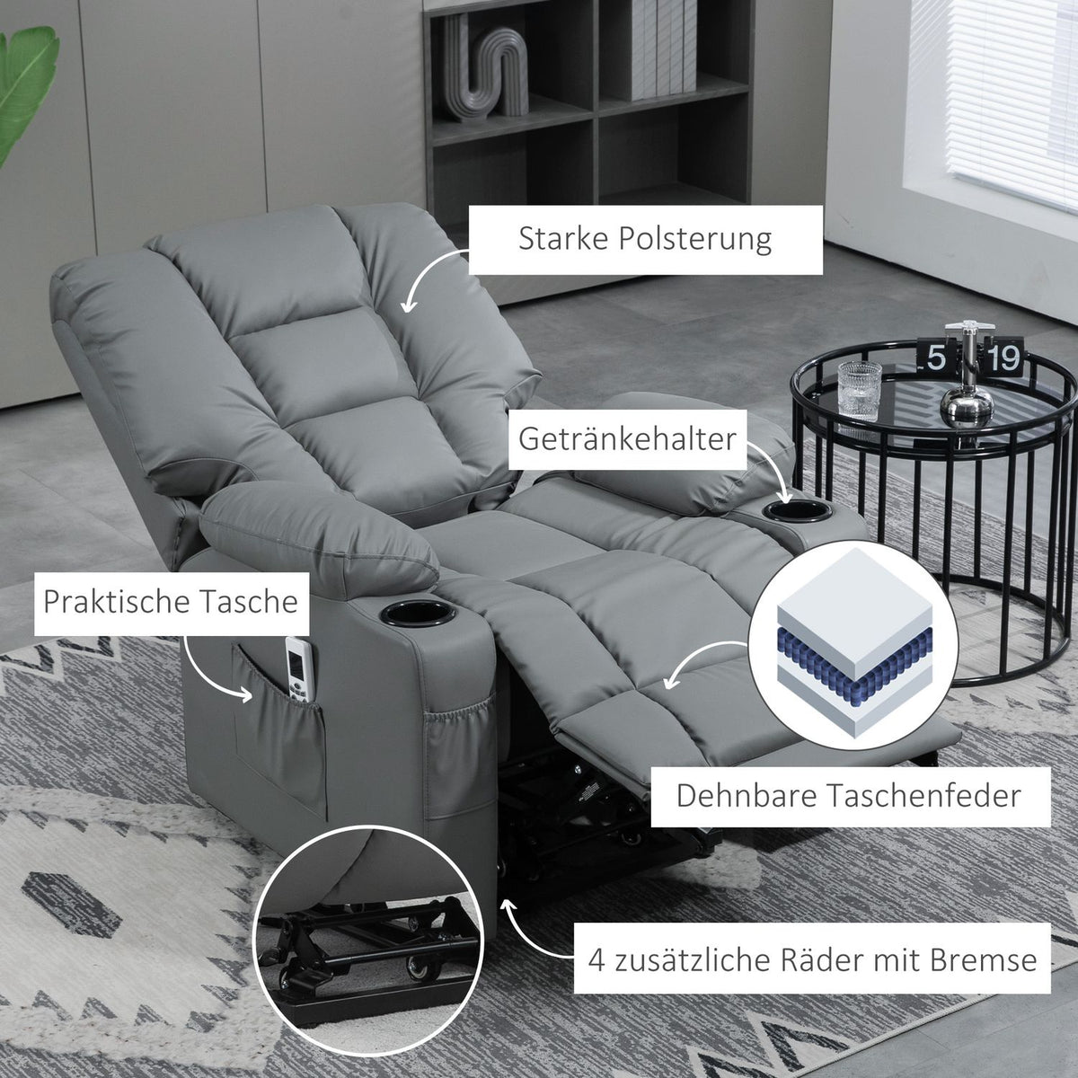 Relaxation Chair Stand Up Electric Tv Chair Usb Massage Chair Remote Control Wheels Cup Holder Gray