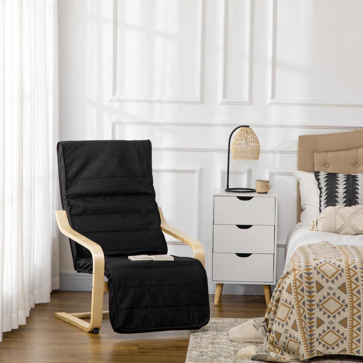 Relaxation Chair, Swing Chair, Recliner, Relaxation Chair With Adjustable Footrest, Dining Chair With Linen Look, Birch Wood, Black