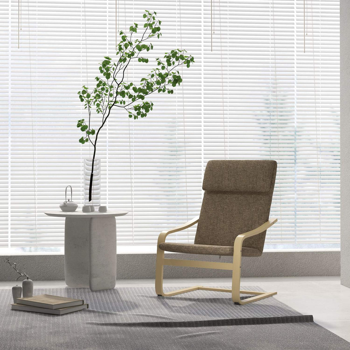 Relaxation Chair, Swing Chair With Pillow, Linen Look, Birch Wood, Brown