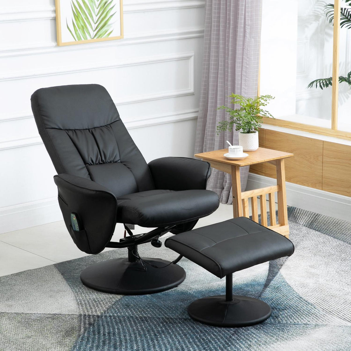 Relaxation Chair, Tv Chair, Massage Chair With Stool, Storage Space With 10 Vibration Points, Faux Leather, Black, 76 X 81 X 105 Cm
