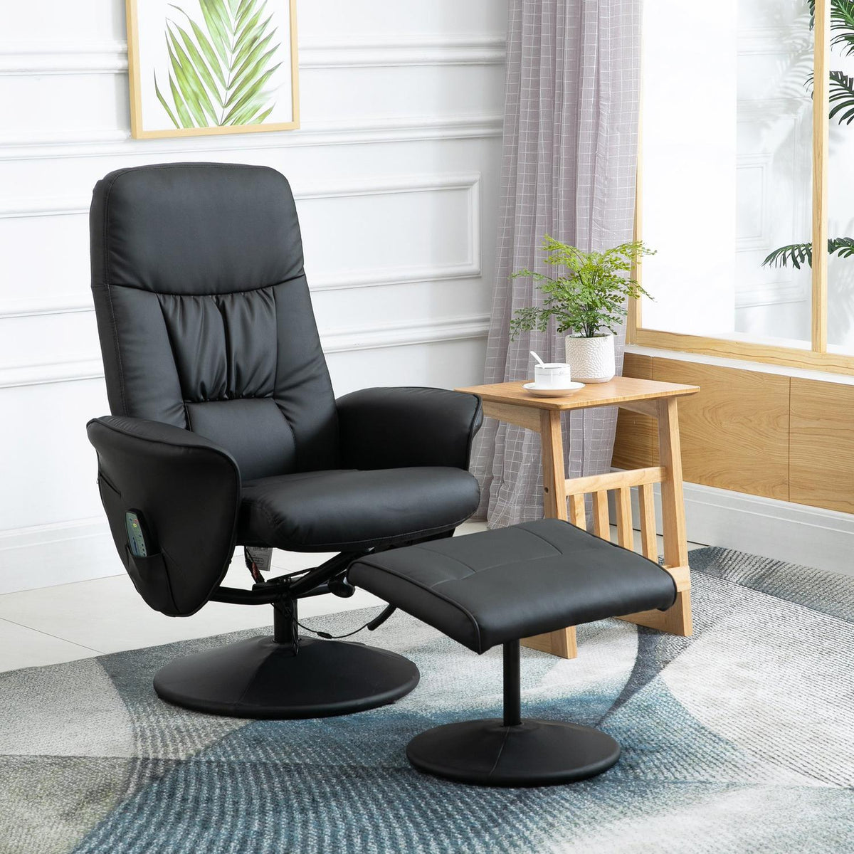 Relaxation Chair, Tv Chair, Massage Chair With Stool, Storage Space With 10 Vibration Points, Faux Leather, Black, 76 X 81 X 105 Cm