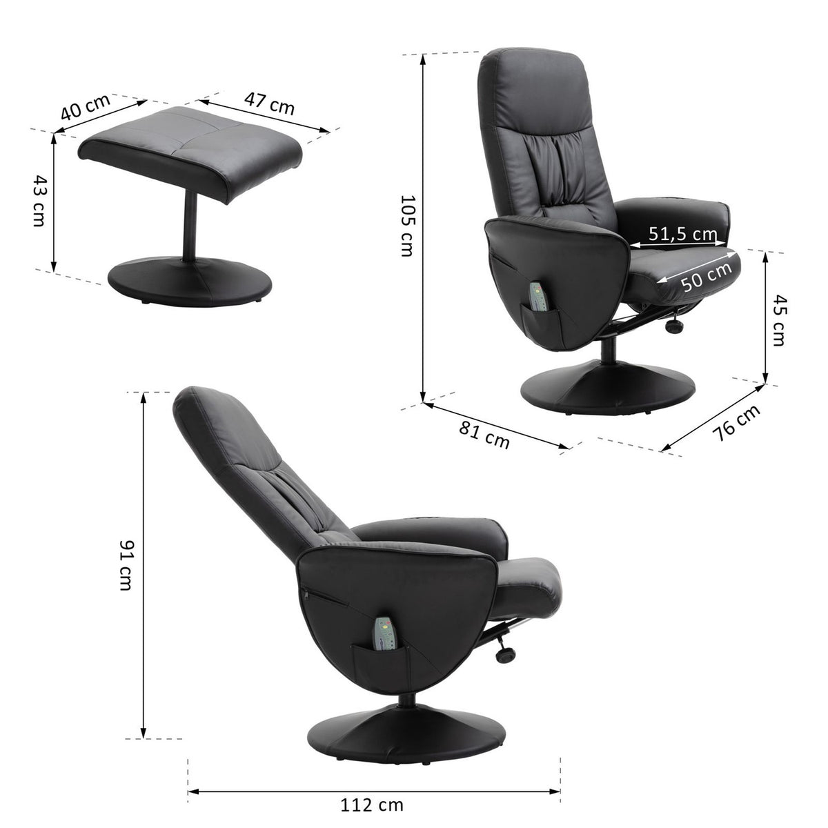 Relaxation Chair, Tv Chair, Massage Chair With Stool, Storage Space With 10 Vibration Points, Faux Leather, Black, 76 X 81 X 105 Cm