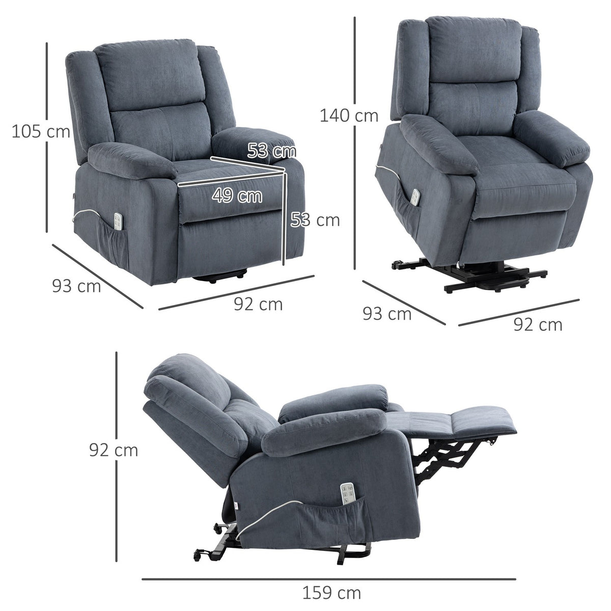Relaxation Chair, Tv Chair, Stand-Up Chair, Electrically Adjustable With Reclining Function Including Remote Control, Velvet Look, Gray, 92 X 93 X 105 Cm
