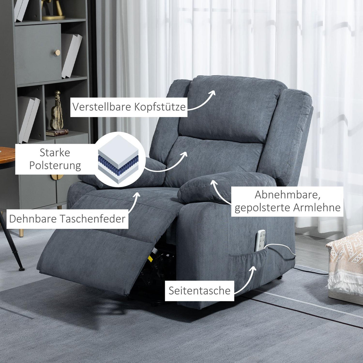 Relaxation Chair, Tv Chair, Stand-Up Chair, Electrically Adjustable With Reclining Function Including Remote Control, Velvet Look, Gray, 92 X 93 X 105 Cm