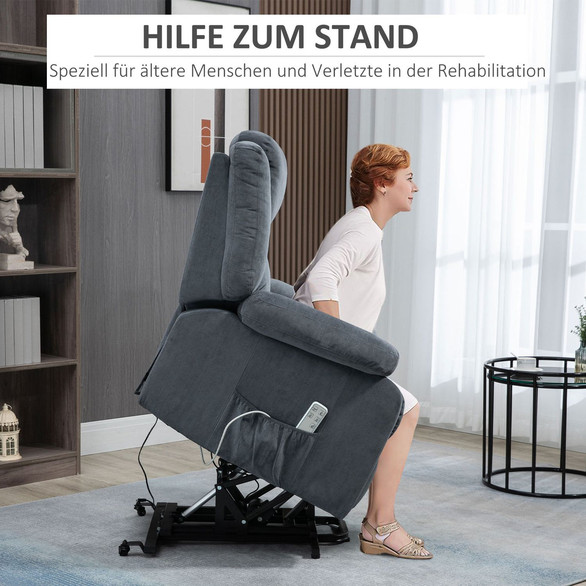 Relaxation Chair, Tv Chair, Stand-Up Chair, Electrically Adjustable With Reclining Function Including Remote Control, Velvet Look, Gray, 92 X 93 X 105 Cm
