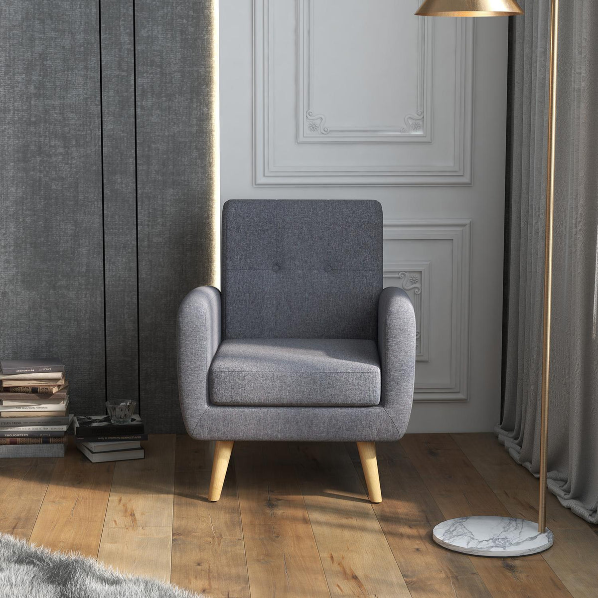 Relaxation Chair, Tv Chair, Upholstered Chair With Linen Look Seat Cushion, Wooden Legs, For Living Room, Bedroom, Light Gray