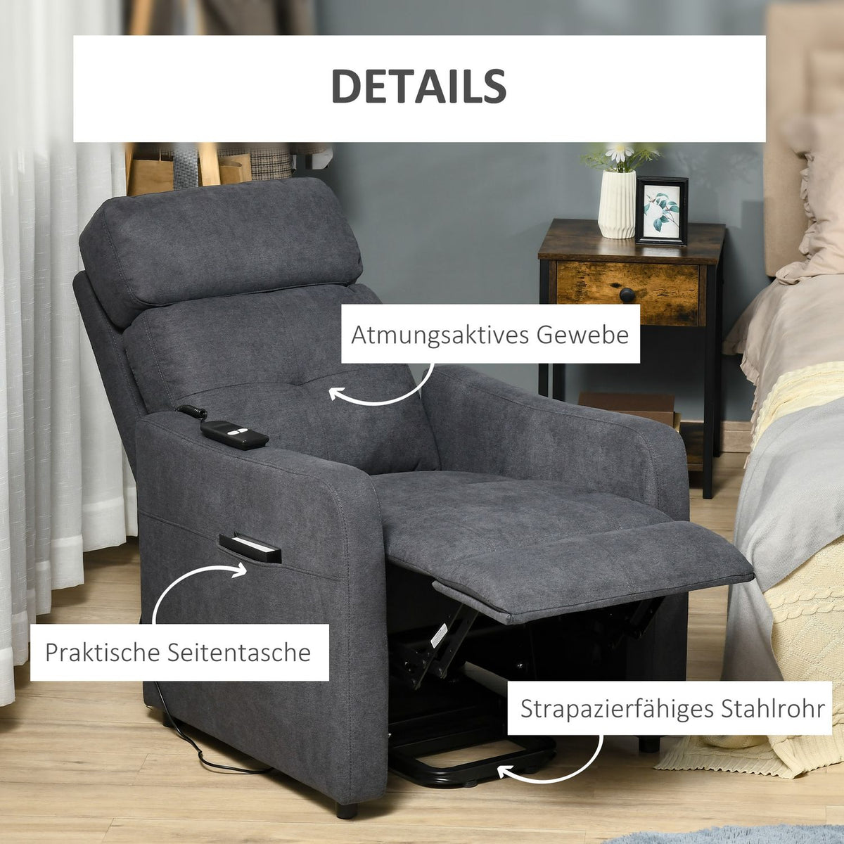 Relaxation Chair Tv Chair With Reclining Function Stand-Up Aid Polyester Fabric Steel Gray 71 X 94 X 104 Cm