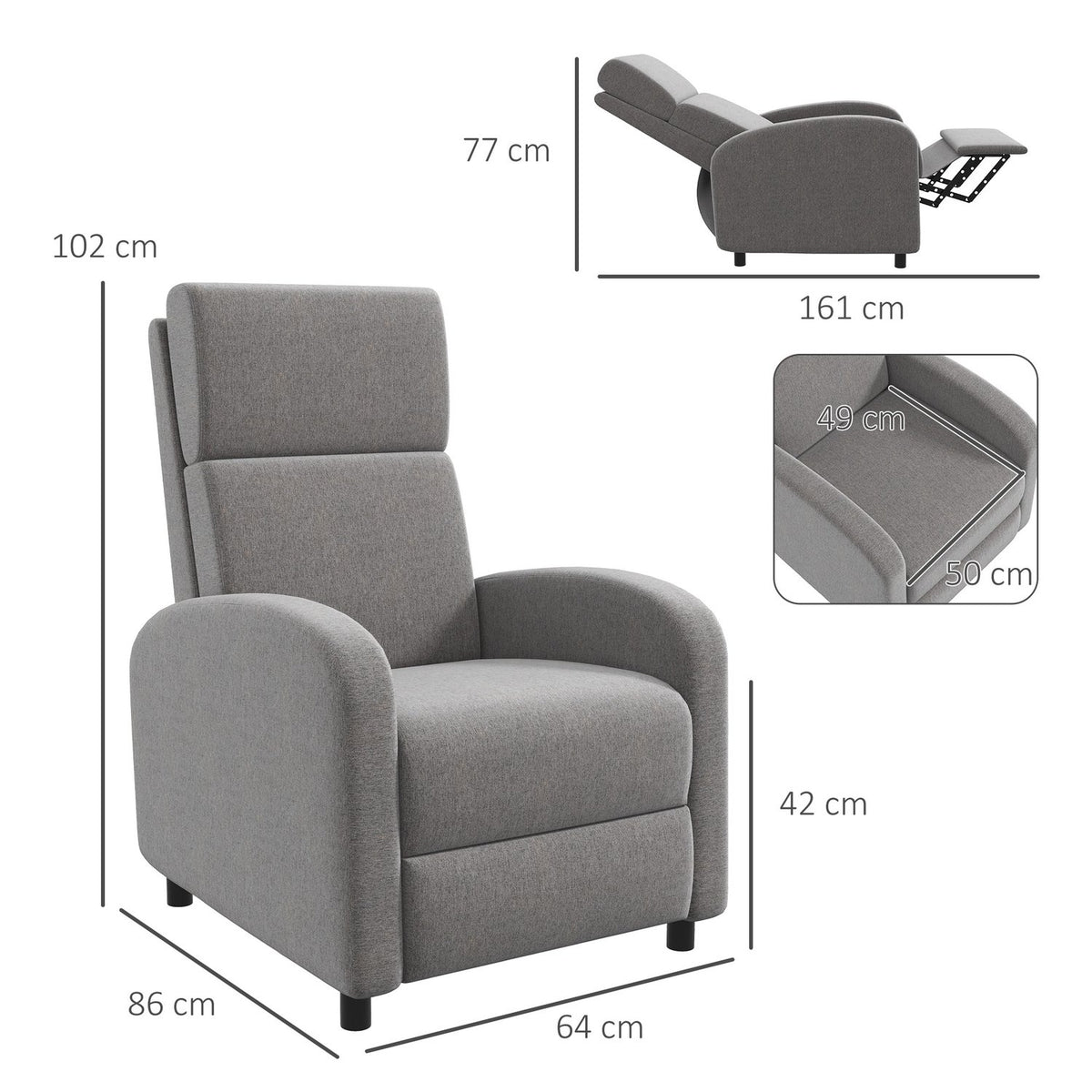 Relaxation Chair, Tv Chair With Reclining Function, Upholstered Tv Chair, Reclining Chair With Linen Look, Footrest, Load Capacity Up To 120 Kg, For Living Room, Gray