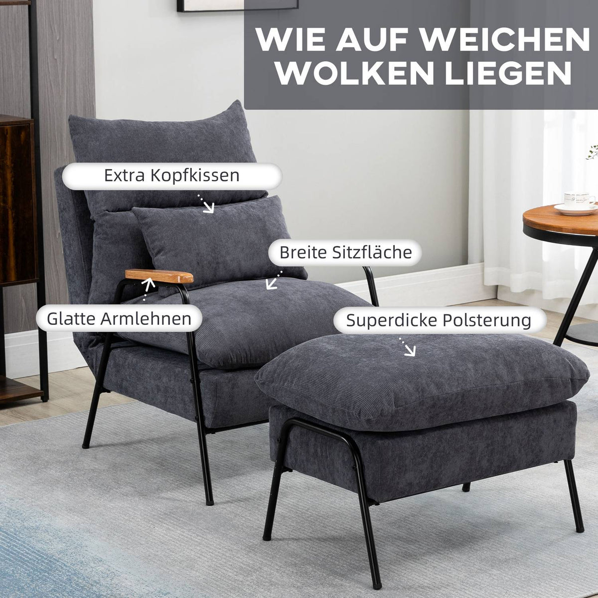 Relaxation Chair Wing Chair With Stool, Tv Chair With Tilting Backrest, Cushion, Upholstered Chair, Tv Chair, Gray, 68 X 91.5 X 88 Cm