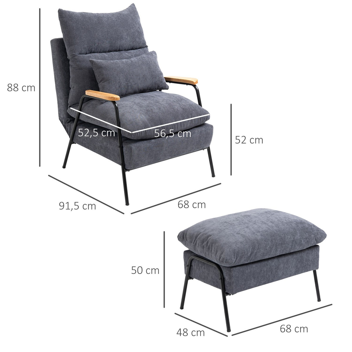 Relaxation Chair Wing Chair With Stool, Tv Chair With Tilting Backrest, Cushion, Upholstered Chair, Tv Chair, Gray, 68 X 91.5 X 88 Cm