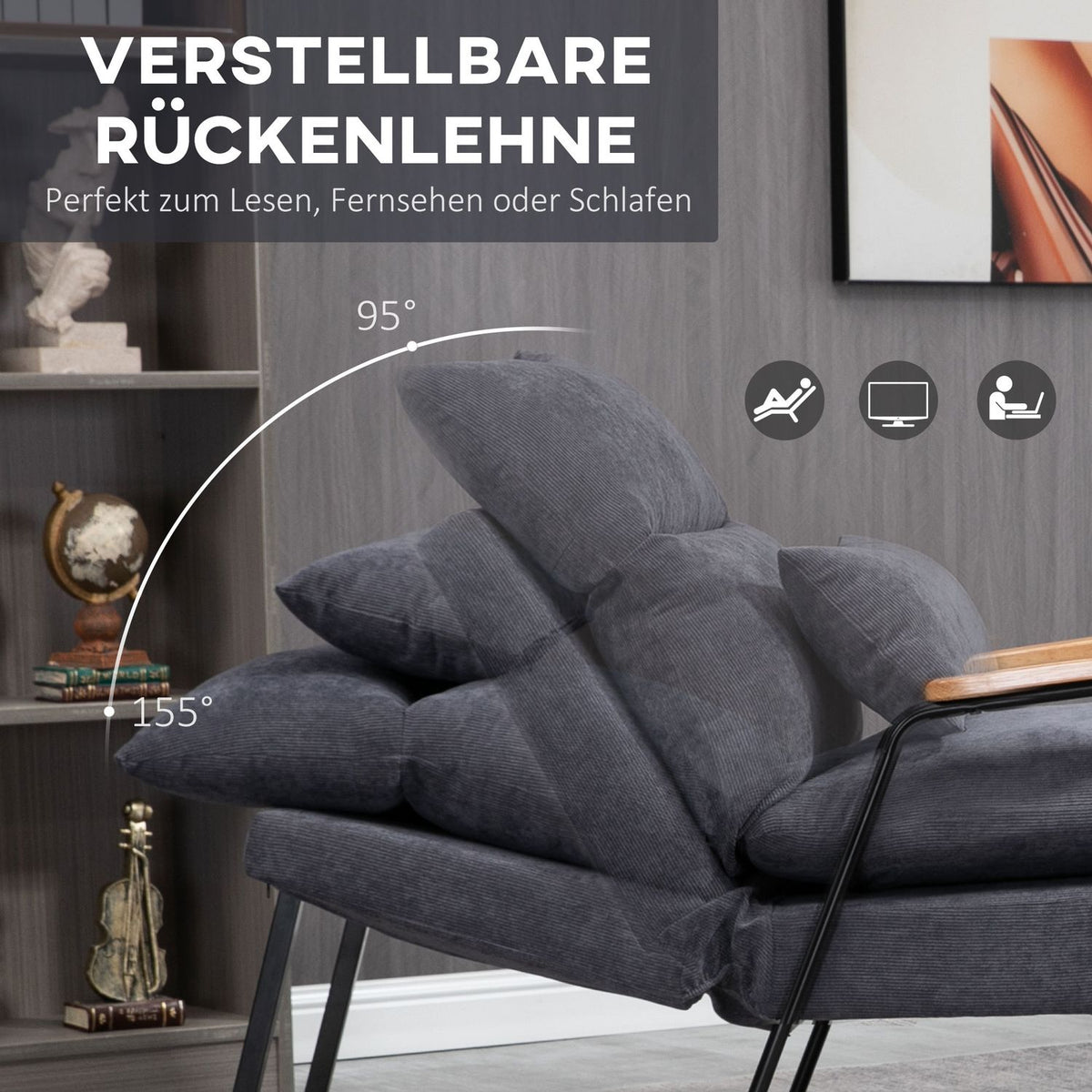 Relaxation Chair Wing Chair With Stool, Tv Chair With Tilting Backrest, Cushion, Upholstered Chair, Tv Chair, Gray, 68 X 91.5 X 88 Cm